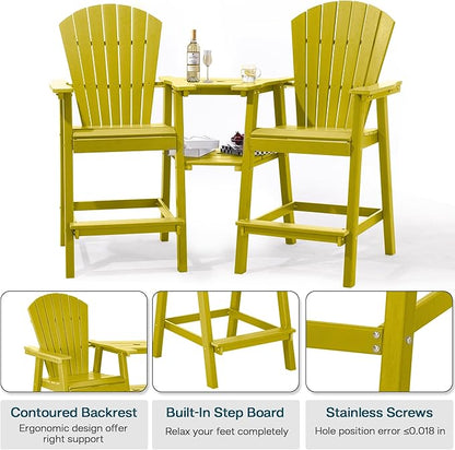 Tall Adirondack Chairs Set of 2, HDPE Balcony Chair with Double Connecting Tray, Weather Resistant Outdoor Adirondack Bar Stools for Patio, Deck, Patio, Backyard, Balcony. (Yellow)