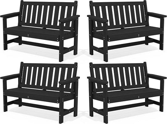 SERWALL Outdoor Bench, HDPE Outdoor Benches Weatherproof, 2-Person Garden Bench with 660 lbs Weight Capacity, Patio Benches for Outdoors, Garden, Porch, Backyard and Park, Black, 4 Pack