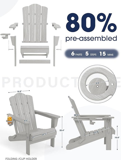 KINGYES Folding Adirondack Chair, HDPE All-Weather Patio Chairs with Cup Holder, Wooden Textured Fire Pit Chairs for Poolside, Backyard, Deck, Silver Grey
