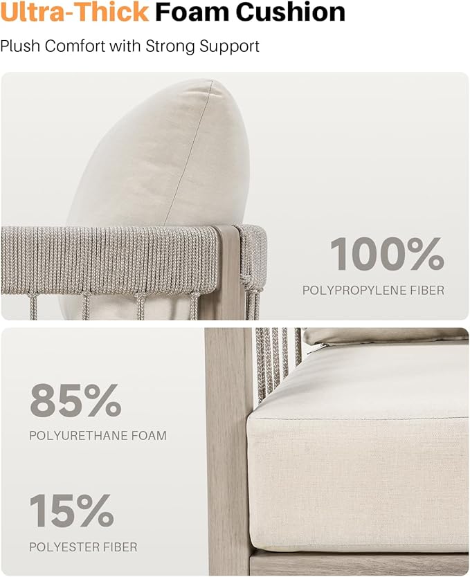 3-Seater Outdoor Aluminum Sofa, Never-Rust Patio Sofa Couch with Faux Wood Grain Finish Frame, Rope Weave Outdoor Sofa - Photo 5