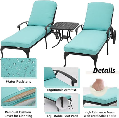 Chaise Lounge Outdoor Chair with Side Table, Adjustable Reclining Rust-Resistant Aluminum Cast Poolside Chaise with Convenient Wheels, Outdoor Lounge Furniture Set of 3, (Blue)