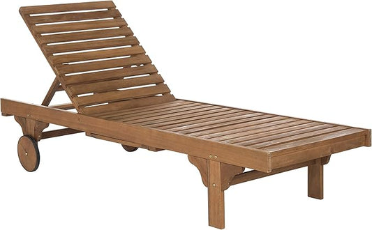 SAFAVIEH Outdoor Collection Newport Natural/ Navy Cushion Built-in Side Table Adjustable Chaise Lounge Chair