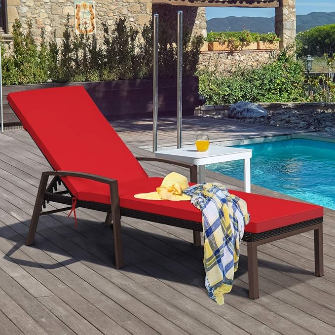 Tangkula 2 PCS Patio Rattan Chaise Lounge Chair, Outdoor Reclining Chaise with Cushion and Armrest, Wicker Sun Lounger with Adjustable Backrest for Garden, Balcony, Poolside