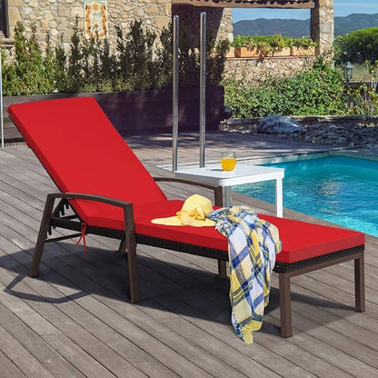 COSTWAY 2PCS Rattan Lounge Chair Outdoor, Patio Wicker Chaise Lounge with 5-Position Adjustable Backrest, Soft Cushion & Arm Rest, Pool Recliner Set of 2 for Poolside, Deck, Backyard (Red)