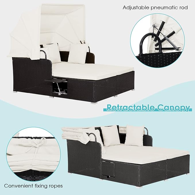 Moccha Outdoor Daybed with Retractable Canopy, Wicker Cabana with 2 Side Tables & Soft Cushions - Photo 6