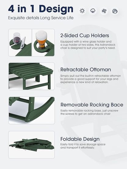 KINGYES Adirondack Rocking Chair Set of 4 with Retractable Ottoman and Cup Holders, HDPE Adirondack Rocker Patio Rocking Chair for Porch, Patio, Balcony, Dark Green