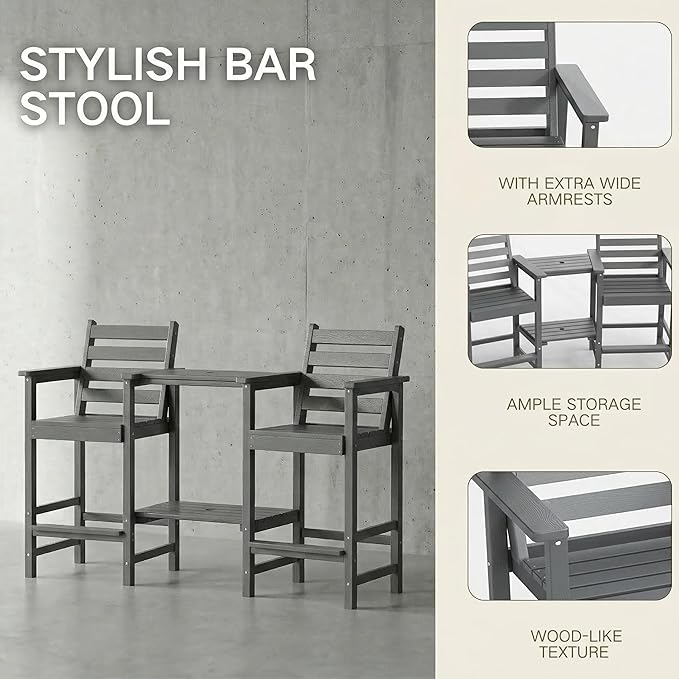Kingdura Tall Adirondack Chairs Set of 2, Weather Resistant HDPE Bar Height Outdoor Stools with Removable Double Connecting Trays, Wooden Grain for Patio, Balcony, Deck (Grey)