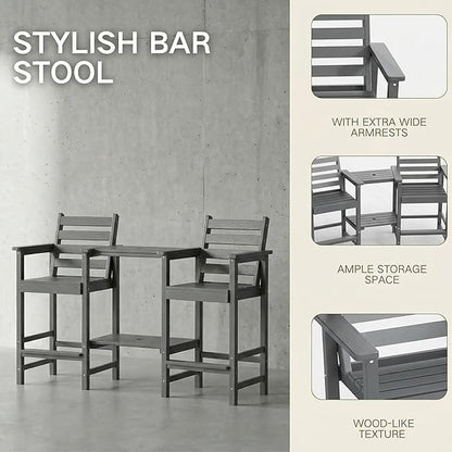 Kingdura Tall Adirondack Chairs Set of 2, Weather Resistant HDPE Bar Height Outdoor Stools with Removable Double Connecting Trays, Wooden Grain for Patio, Balcony, Deck (Grey)