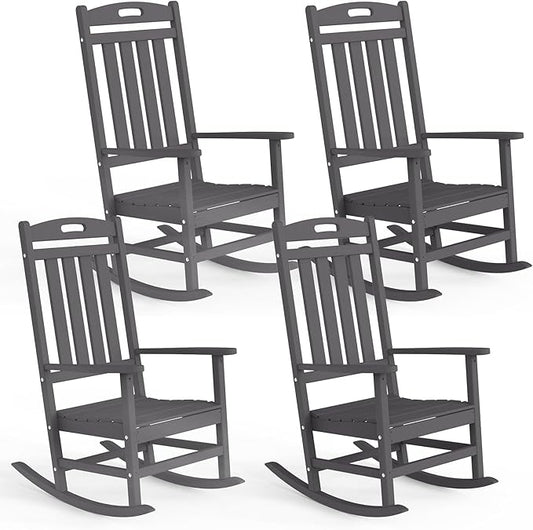 Outdoor Rocking Chair Set of 4, High Back HDPE Patio Chair, All Weather Porch Rocker, Lawn Chair for Deck, Porch, Backyard, Garden, Gray