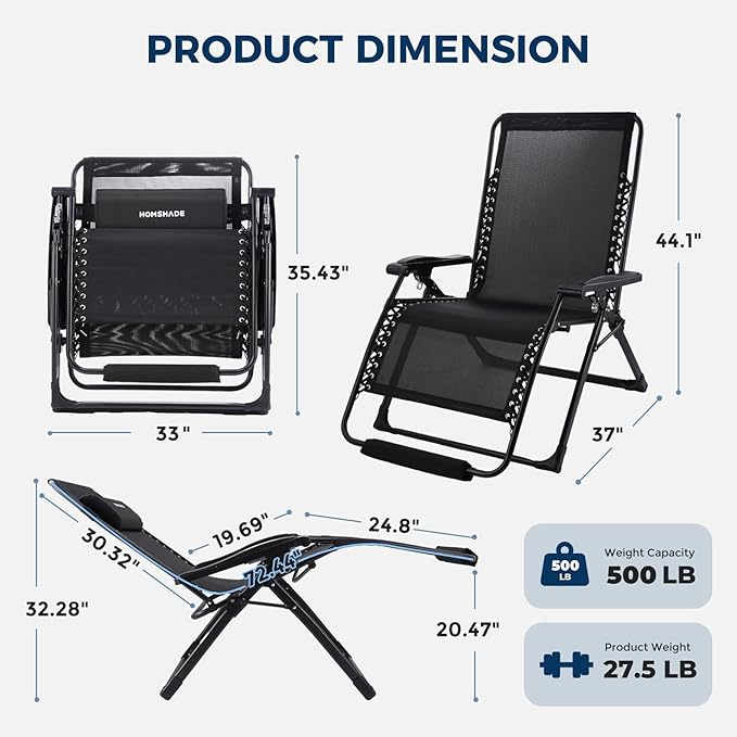 HOMSHADE XXL Zero Gravity Chair with Cushion, 33In Oversized Zero Gravity Lounge Chair, Patio Outdoor Recliner Chair for Indoor Outdoor with Headrest, Cup Holder, Footrest Support 500Lbs, Black