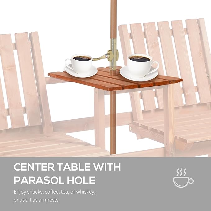 Outsunny Patio Bench, Garden Bench with Middle Table and Umbrella Hole, Wooden Outdoor Bench for Patio, Porch, Poolside - Photo 6