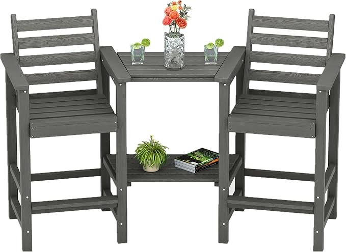 GLANC Tall Adirondack Chairs Set of 2, All Weather Resistant HDPE Bar Height Balcony Adirondack Chair with Removable Connecting Trays, Outdoor Adirondack Barstools for Deck Patio Pool Lawn (Grey)