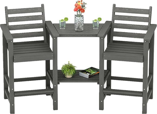 GLANC Tall Adirondack Chairs Set of 2, All Weather Resistant HDPE Bar Height Balcony Adirondack Chair with Removable Connecting Trays, Outdoor Adirondack Barstools for Deck Patio Pool Lawn (Grey)