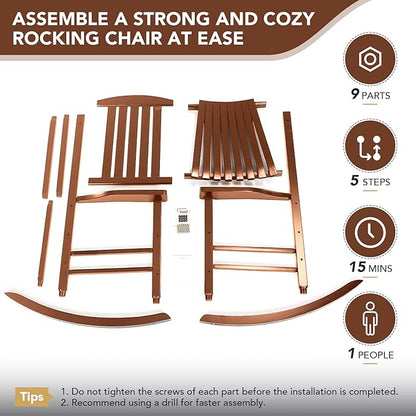 Wooden Outdoor Rocking Chair, Oversized Patio Rocking Chair w/400lbs Support & High Backrest | Porch, Lawn, Garden, Backyard，Natural