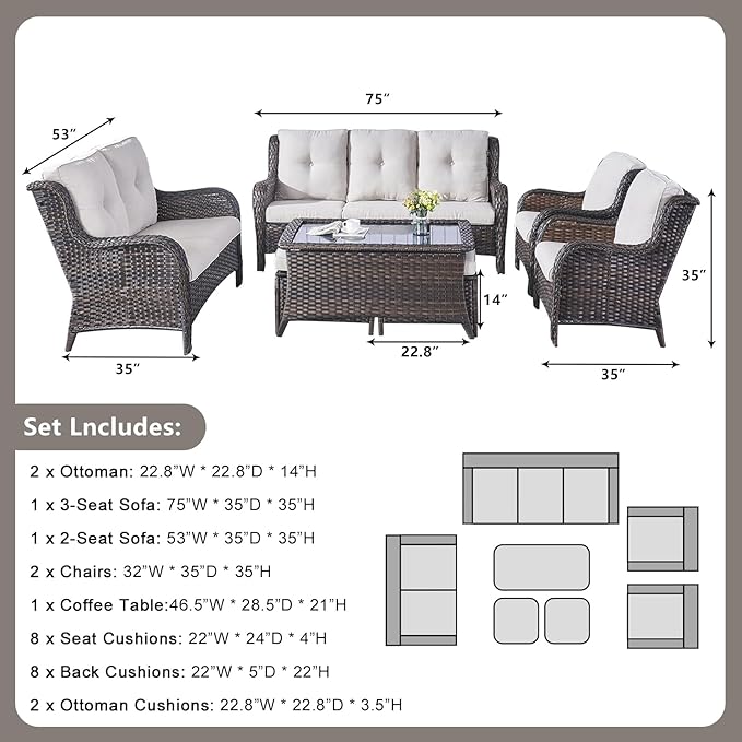 Outdoor Patio Furniture Sofa Set - 7 Piece Rattan Wicker Patio Sectional Conversation Sets with 1 Sofa, 1 Loveseat - Photo 2