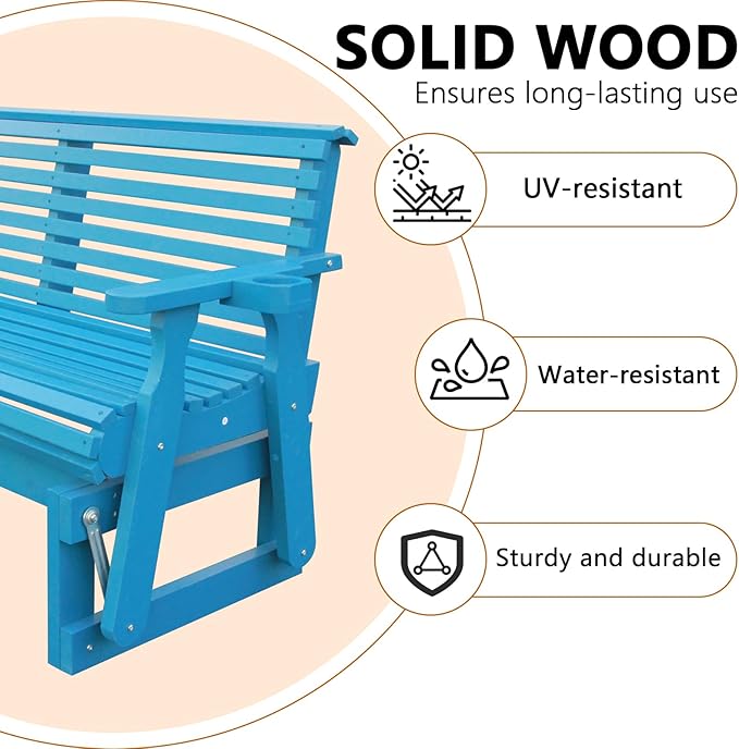 3-Seater Outdoor Glider Chair, 5FT Wood Porch Glider with High Roll Back, Cupholders and Deep Contoured for Porch - Photo 4