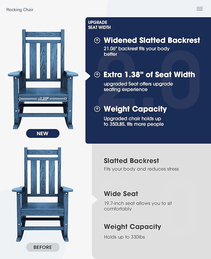 KINGYES Oversized Outdoor Rocking Chair Set of 4, All-Weather Patio Rocking Chairs for Porch, HDPE Outdoor Patio Rockers with High Back & Wide Seat for Garden, Lawn, Blue
