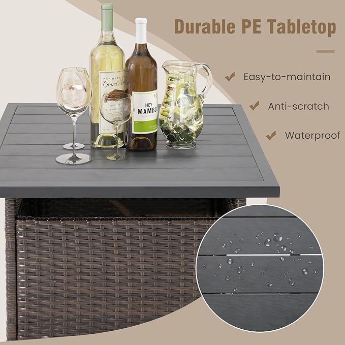 Tangkula Outdoor Wicker Table, Rattan Coffee Table with Umbrella Insert Hole, HDPE Tabletop & Sturdy Metal Frame, Patio Umbrella Side Table Stand for Backyard, Garden, Poolside (Mix Brown)