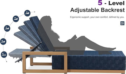 PURPLE LEAF Outdoor Chaise Lounge Set of 2, PU Leather Patio Lounge Chair Aluminum Pool Lounge Chairs with 5-Position Adjustable Backrest for Pool, Deck, Garden, Sunbathing, Navy Blue