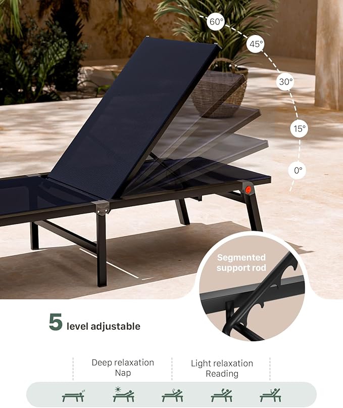 Aluminum Chaise Foldable Patio Lounge Chair Outdoor, Deck Lounger Adjustable 5-Position Recliner Pool Chase Breathable Full Flat Outside Sun Tanning Chairs for Beach/Poolside/Lawn(Navy Blue, 1Pack)