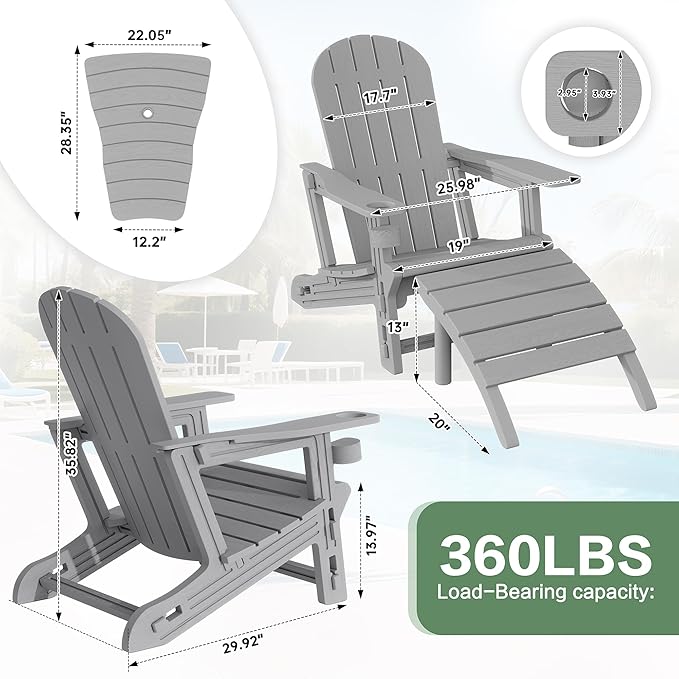 JY QAQA Outdoor Adirondack Chair Set of 2 with Detachable Table & Ottoman, All-Weather HDPE Patio Furniture with Wood Texture & Cup Holder for Patio, Poolside, Garden, Light Grey