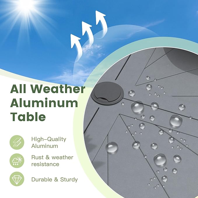 Outdoor Patio Round Dining Table for 6, 47.3" x 47.3" Sleek Aluminum Dining Table with Umbrella Hole for Backyard Garden Lawn Deck, Dark Grey