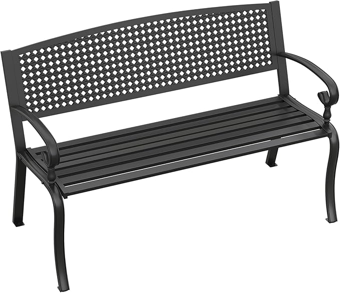 Outdoor Bench, 50.4" Patio Metal Frame Garden Bench with Backrest and Curved Armrests for Lawn Backyard, Black - Photo 3