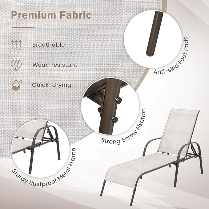 Giantex Patio Lounge Chair, Outdoor Chaise Lounge with 5 Adjustable Backrest, Sturdy Steel Frame, Sunbathing Recliner - Photo 5