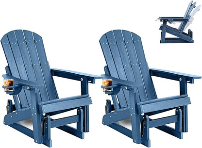 3-Position Adjustable Adirondack Chair with Cup Holder Set of 2, HDPE All-Weather Outdoor Glider Chair, Wood-Grain Fire Pit Chairs for Pool, Yard, Deck (Blue)