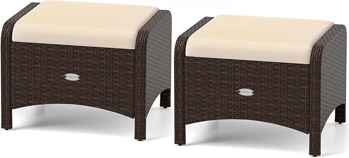 RELAX4LIFE Wicker Outdoor Ottomans for Patio - Set of 2 Rattan Footstools w/Removable Cushions - Photo 1