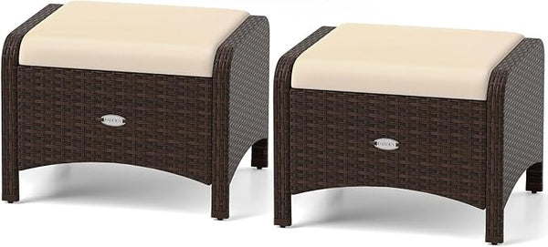 RELAX4LIFE Wicker Outdoor Ottomans for Patio - Set of 2 Rattan Footstools w/Removable Cushions - Photo 1