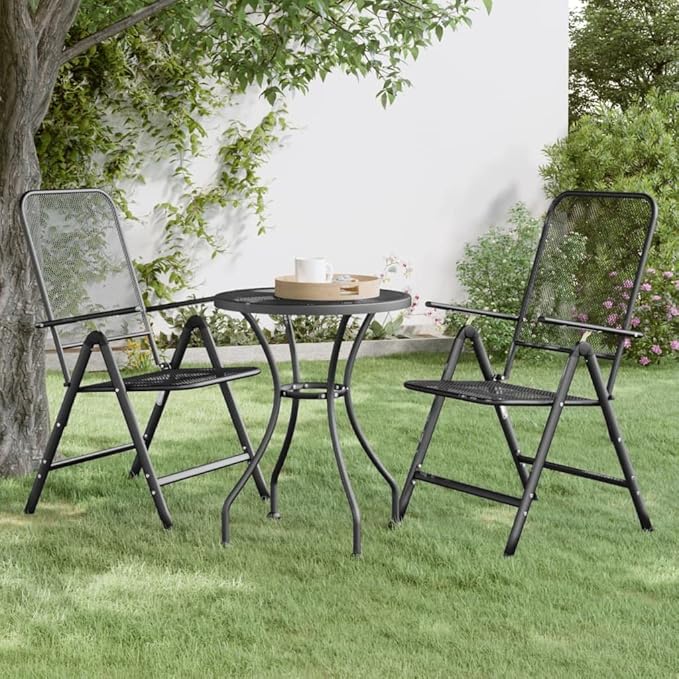 Folding Garden Chair Set of 2 Anthracite, 24 x 22.2 x 41.7 in Metal Frame with 7-Position Reclining for Patio or Apartment Balcony, Stackable Outdoor Lounge Seating