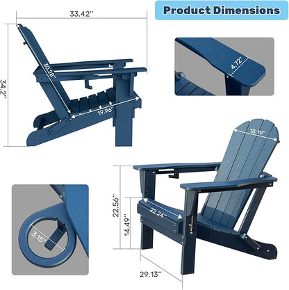 Domi Folding Adirondack Chair, HDPE Adirondack Chair with Cup Holder, Wooden Textured Fire Pit Chairs for Patio Backyard Lawn, Dark Blue