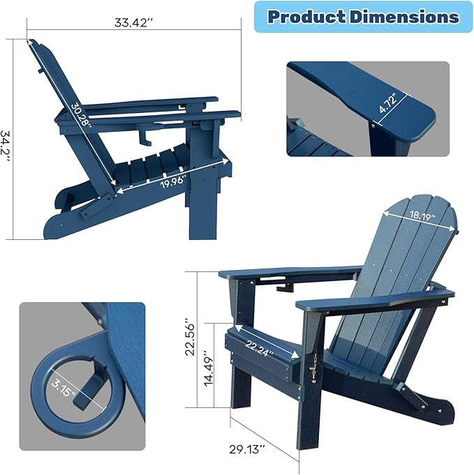 Domi Folding Adirondack Chairs Set of 2, HDPE Adirondack Chair with Cup Holder, Wooden Textured Fire Pit Chairs for Patio Backyard Lawn, Dark Blue