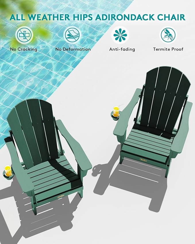 SERWALL Foldable Adirondack Chair Set of 2 for Patio Garden All Weather Adirondack Chairs with Cup Holder Outdoors Fire - Photo 10