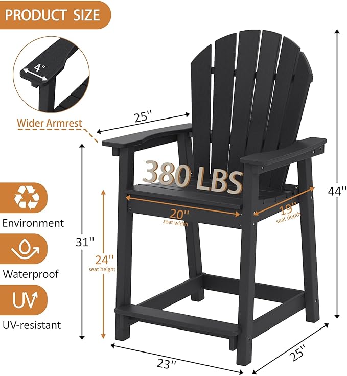 OTSUN Tall Adirondack Chairs Set of 4, HDPE Bar Height Outdoor Chairs, Adirondack Bar Stools for Patio Balcony & Porch - Photo 3