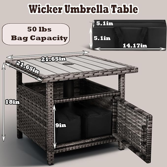 Outdoor Patio Side Table with Umbrella Hole Small Grey Wicker Umbrella Stand Table with 2 Weight Bags for Outside End Storage Coffee Table with Poly Lumber Top for Pool Garden Balcony Deck