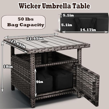 Outdoor Patio Side Table with Umbrella Hole Small Grey Wicker Umbrella Stand Table with 2 Weight Bags for Outside End Storage Coffee Table with Poly Lumber Top for Pool Garden Balcony Deck