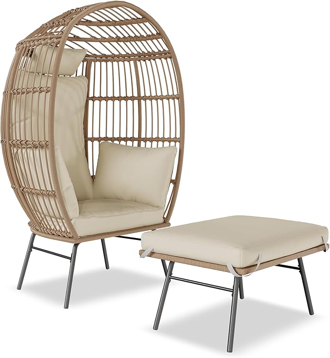 GarveeLife Oversize Wicker Egg Chair with Ottoman, Egg Basket Lounge Chair with Thick Cushion - Photo 6