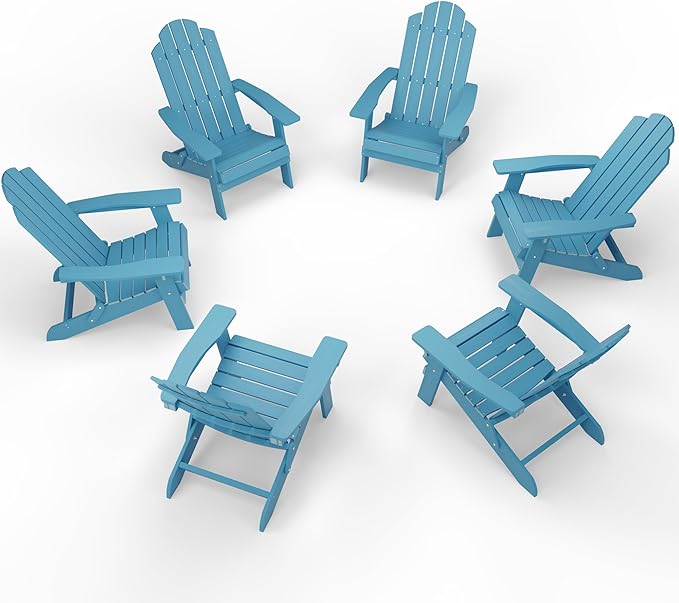MXIMU Folding Adirondack Chair for Outdoor: Easy to Assemble and Comfortable Adirondack Chairs Set of 6 - All Weather Composite Plastic Chair for Outside Fire Pit Patio Lawn Garden Backyard Use(Blue)