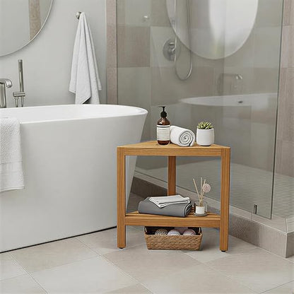 Asta Aris Solid Teak Indoor Outdoor Shower/Bath/Spa Corner Stool with Shelf, Fully Assembled, TB-011A
