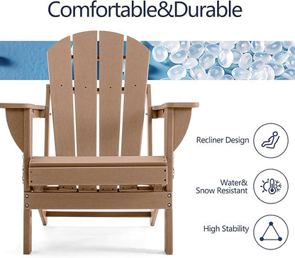 Folding Adirondack Chair, HDPE Outdoor Texture Lawn Chair with Reclining Back, Cup and Phone Holder - Comfortable Firepit Chair Weather Resistant for Patio or Backyard (Brown, Set of 4)