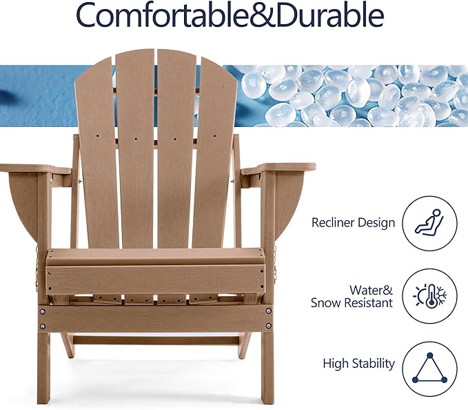 Folding Adirondack Chair, HDPE Outdoor Texture Lawn Chair with Reclining Back, Cup and Phone Holder - Comfortable Firepit Chair Weather Resistant for Patio or Backyard (Brown, Set of 1)