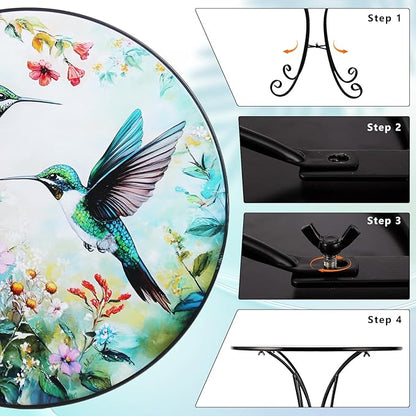 Outdoor Side Table, Hummingbird & Flower Round Accent Table, 18" Metal Indoor Small End Tables, Plant Stand Tables for Patio Yard Balcony Garden Bedside