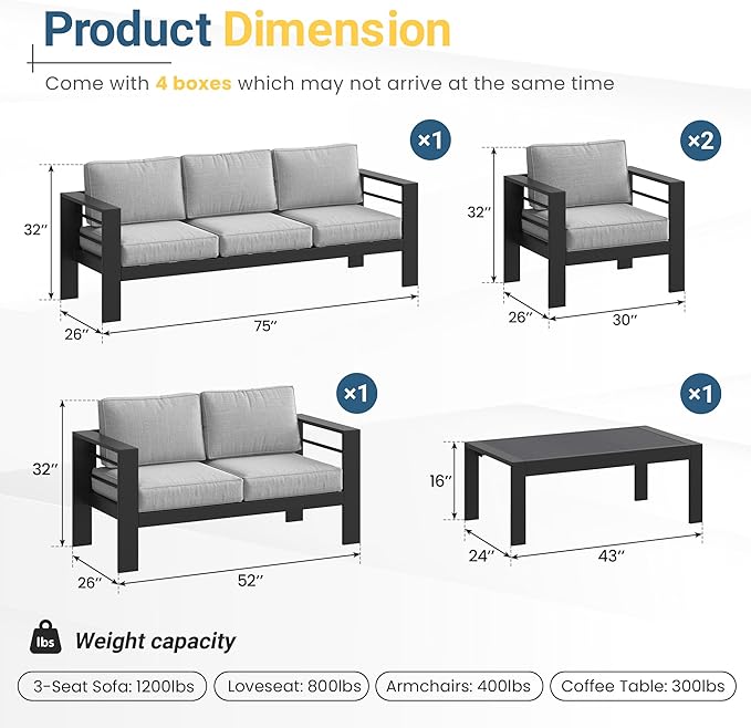 Solaste Aluminum Outdoor Patio Furniture Set, 7 Seats Patio Sectional Sofa with 5" Thick Cushion - Photo 2