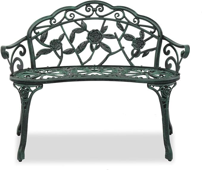 38.5” Outdoor Porch Bench with Hollow Rose Design,Elegant Garden Bench Park Bench for Backyard,Iron Bench with Arms,Antique Green