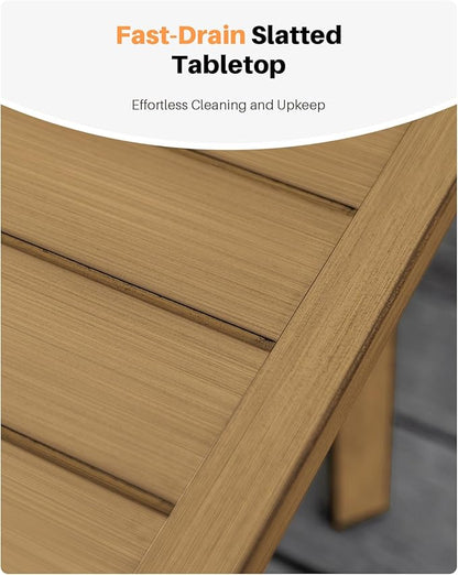 Patio Coffee Table, Never-Rust Aluminum Outdoor Coffee Table with Wood Grain Texture, Modern Rectangle Garden Coffee Table with Slatted Tabletop for Porch, Decks, Indoor, Balcony, Teak | Never-Rust, Wood Grain Texture, Slatted Tabletop