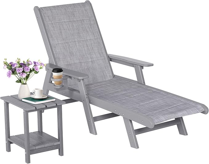Outdoor Chaise Lounge Chair with Table, 5-Position Adjustable Patio Lounge Chair with Wheels & Cup Holder, HDPE Pool Lounge Chair for Outside, Poolside & Beach (Grey)