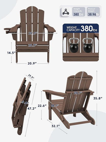 KINGYES Adjustable Folding Adirondack Chair Set of 2, 3-Position Reclining Adirondack Chairs with Cup Holder, HDPE All-Weather Oversized Adirondack for Outdoor, Patio, Backyard Deck, Fire Pit, Brown
