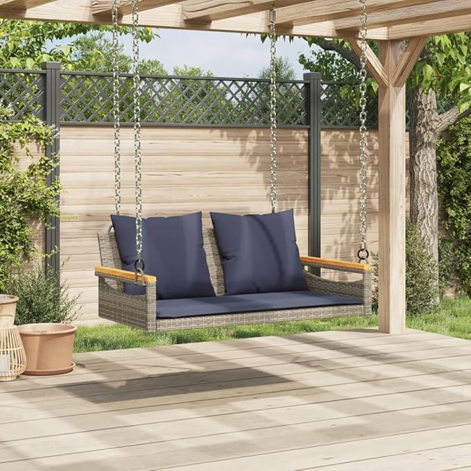 Garden Bench Deck Bench Swing Bench with Cushions Gray 42.9"x24.4"x15.7" Poly Rattan - Photo 3